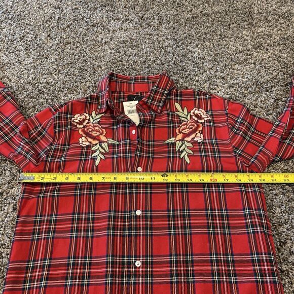 Kendall + Kylie Shirt Dress Small Red Plaid Embroidered Raw Hem Button Front - Picture 10 of 13